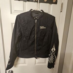 Harley Davidson Womens Moto Nylon Cropped Embroidered Flames Riding Jacket